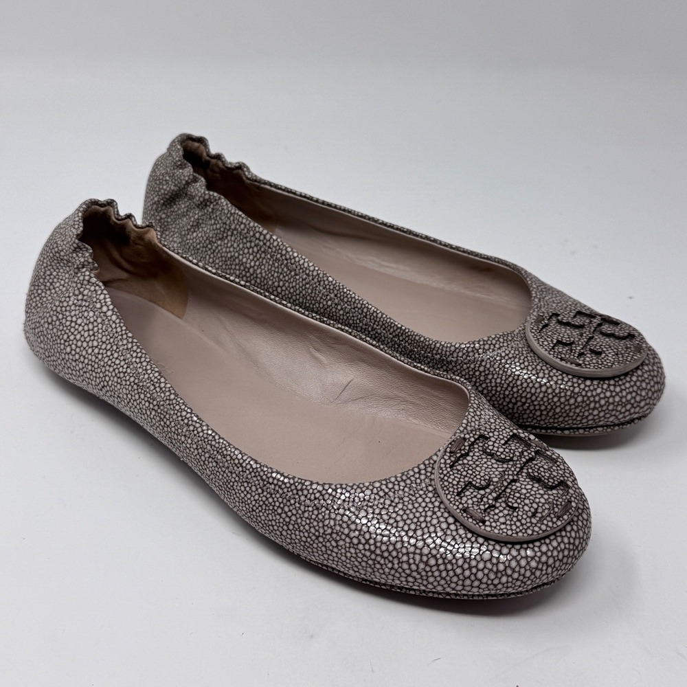 Tory Burch Minnie Razza Leather Ballet Flats Stone Stingray Embossed Size 6.5